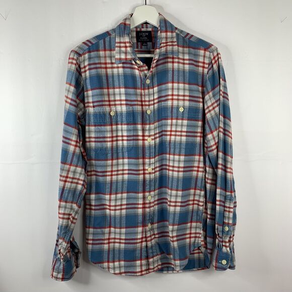 J. Crew Size S Flannel Shirt Button Down Front Blue Plaid Long Sleeve Collared - Picture 2 of 8